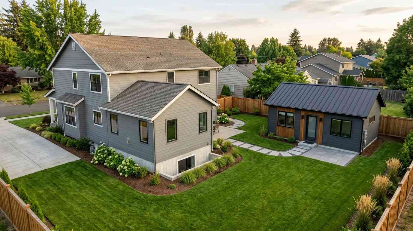 Aerial view of a suburban property showing a detached ADU in the backyard alongside a larger primary home, connected by landscaped walkways, manicured lawns, and modern outdoor living spaces.