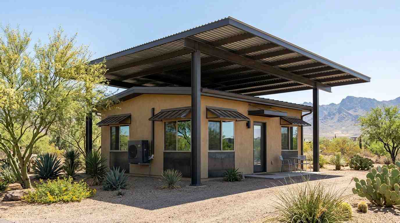 Desert park model home with a large shade canopy, drought-tolerant landscaping, and mountain views.
