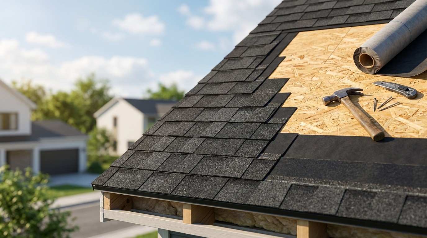 Close-up of asphalt shingle roof installation showing roofing layers, underlayment, plywood decking, and roofing tools on a residential home.