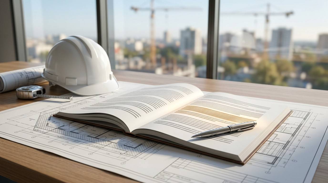 Open contract book and pen on construction blueprints beside a hard hat and measuring tape.