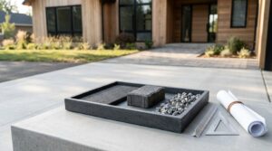 Driveway material samples and construction plans in front of a newly built home.
