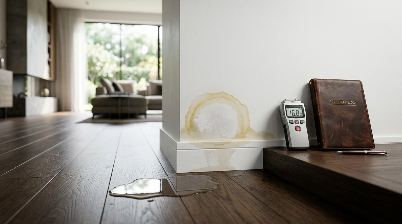 A digital thermometer placed on a wooden floor near an open door, indicating a temperature reading.