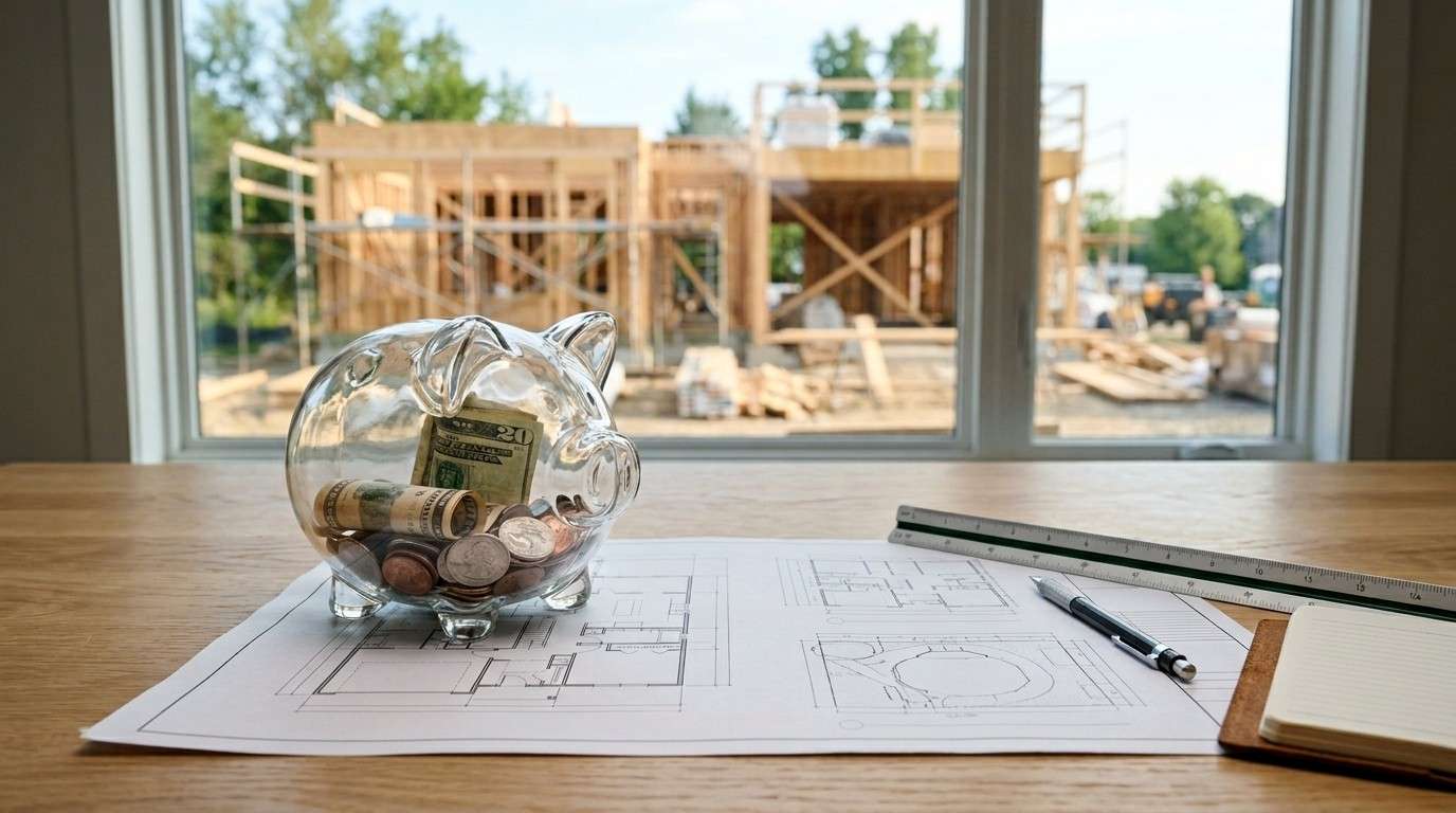 Glass piggy bank with savings, architectural floor plans, and construction budgeting tools overlooking a residential home building project.