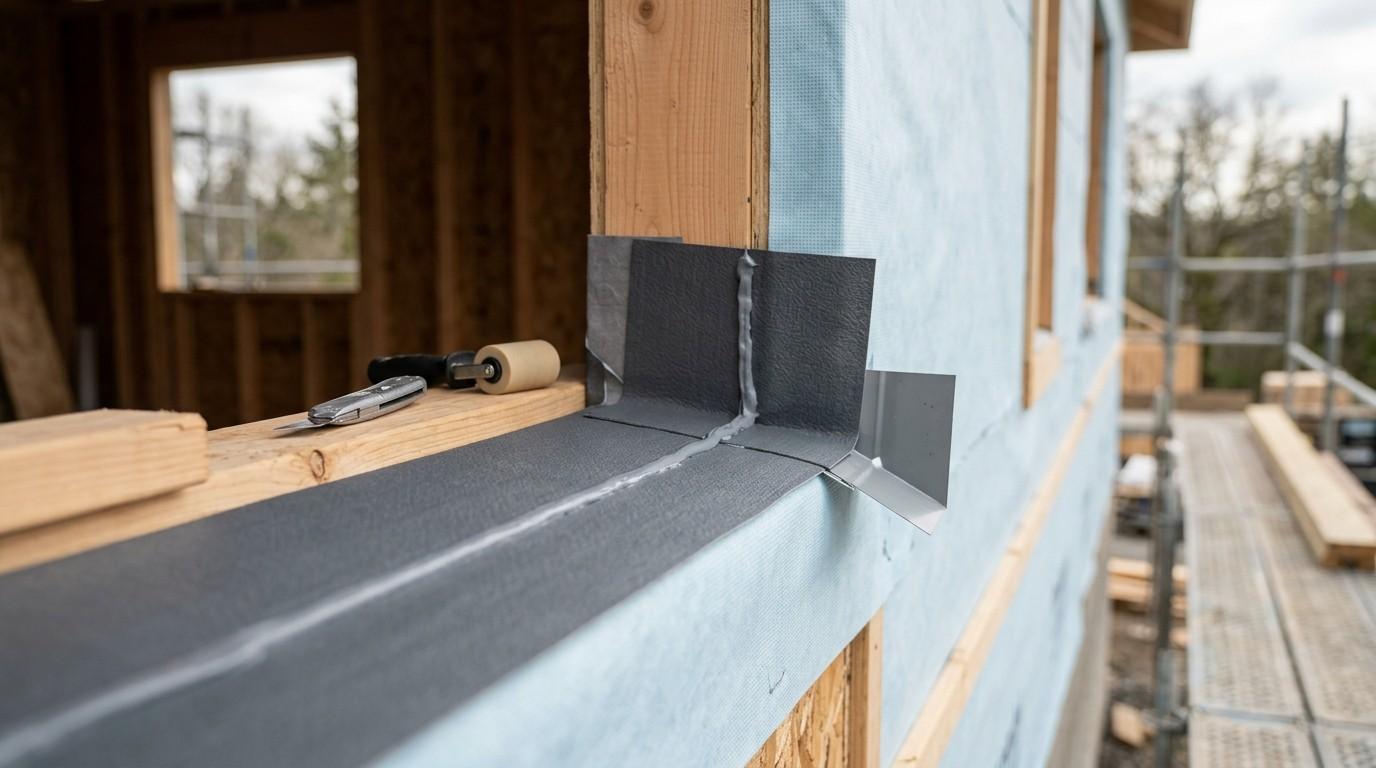 Close-up of window flashing installation on a house under construction, showing waterproof membrane, sealant, and exterior wall protection details.