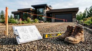 Driveway construction planning tools and work boots on a gravel driveway installation site.