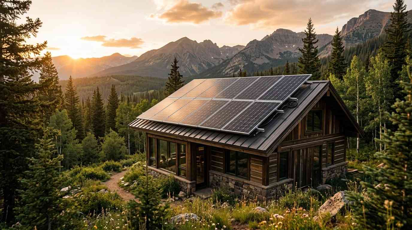 Solar panels installed on the roof of a modern cabin surrounded by pine trees and mountains at sunset, showcasing sustainable off-grid living in a natural landscape.
