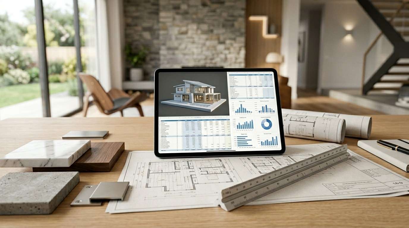 Digital home construction cost calculator displayed on a tablet with architectural plans, material samples, and budgeting documents in a modern residential design workspace.