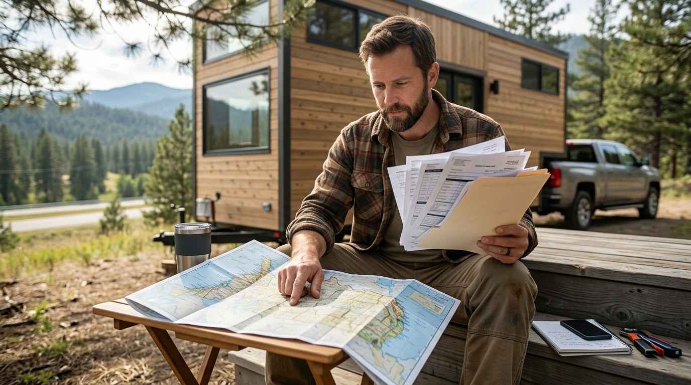 Person reviewing permits and maps beside a tiny home on wheels, planning travel and placement logistics.