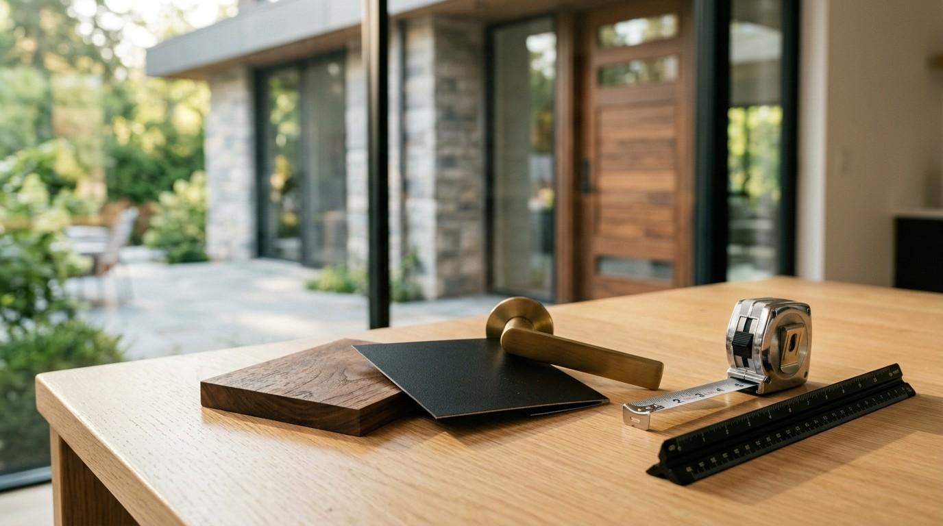 Interior design material samples, door hardware, and measuring tools on a table overlooking a modern home entrance.