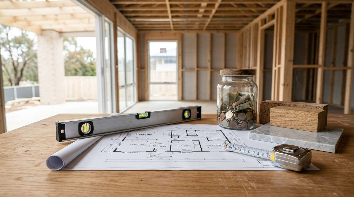 House plans, measuring tools, and a savings jar on a workbench inside a home under construction.