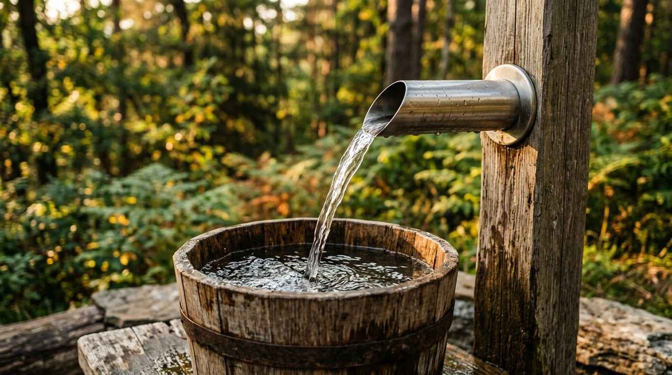 Water flowing into a wooden bucket in a forest.