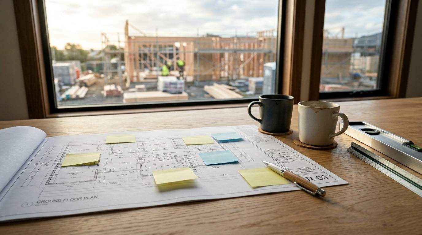 Floor plan with notes, ruler, and coffee mugs on a desk overlooking a home construction site.