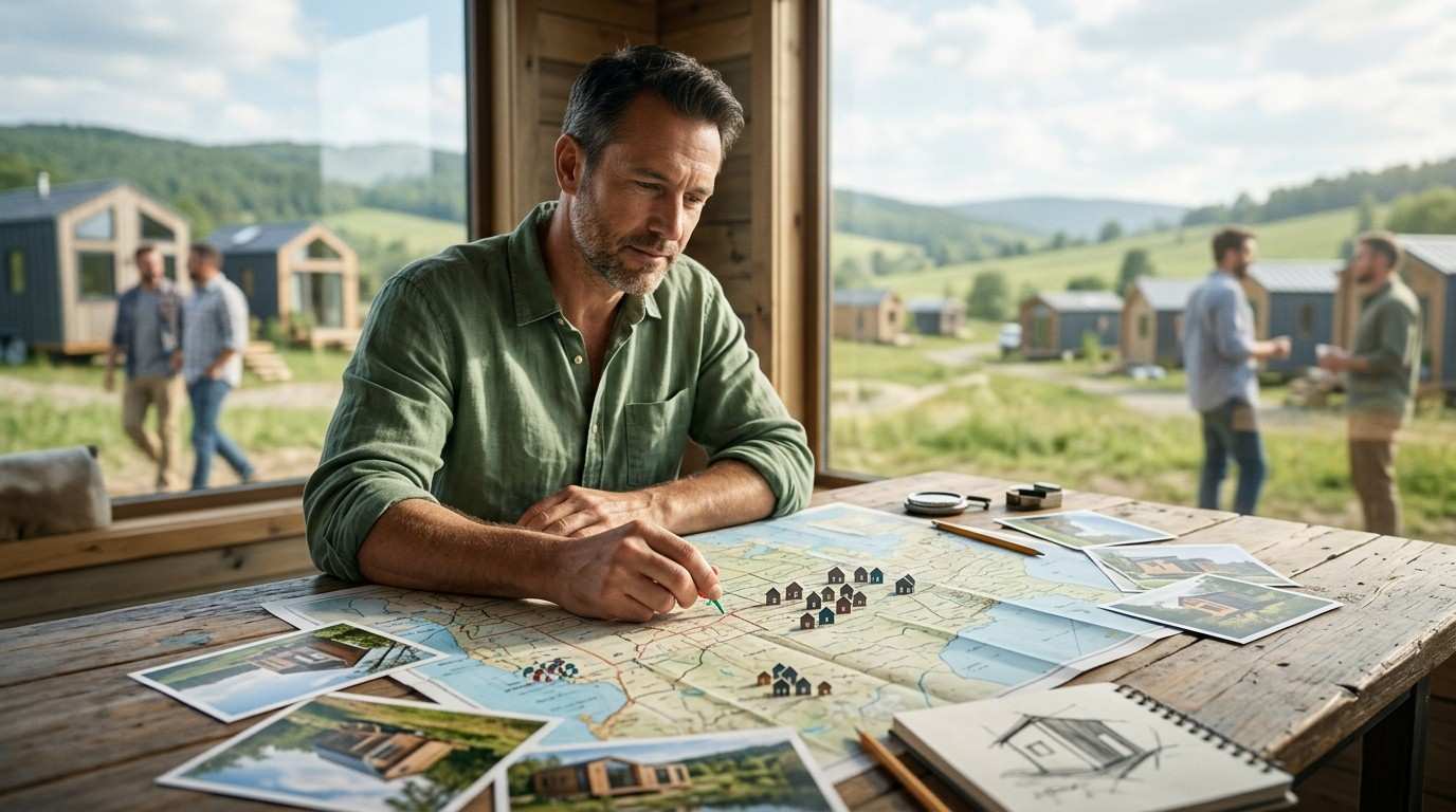 Man reviewing a map and tiny home community locations inside a cabin with homes visible outside.