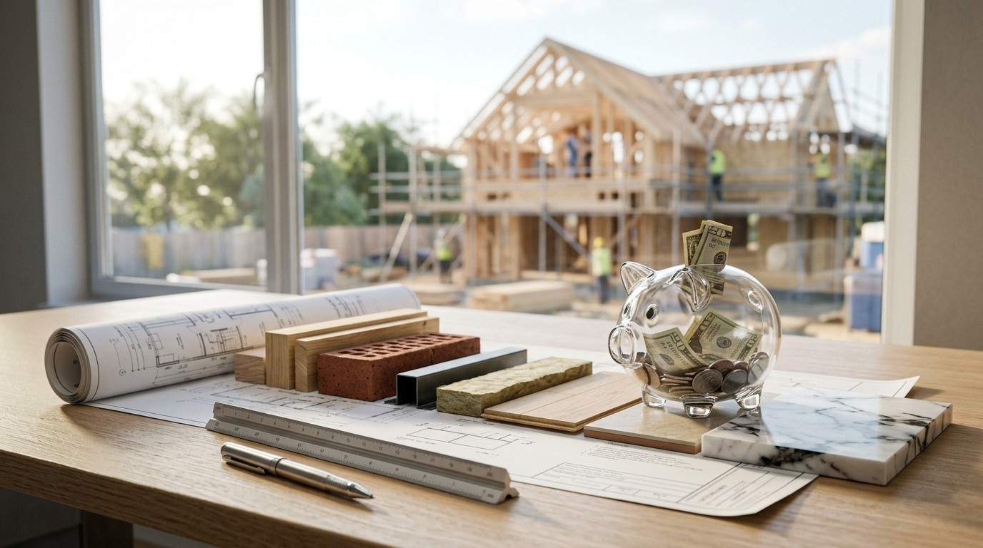 Construction cost planning concept with building materials, architectural blueprints, and a savings piggy bank displayed in front of a residential home construction project.