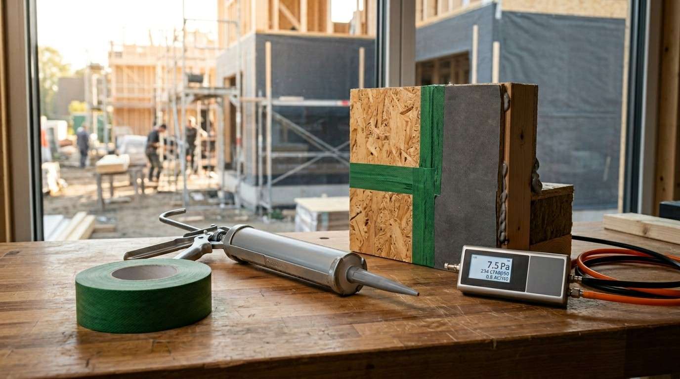 Air sealing materials and testing equipment on a workbench, with a wall assembly mockup and residential construction site in the background.