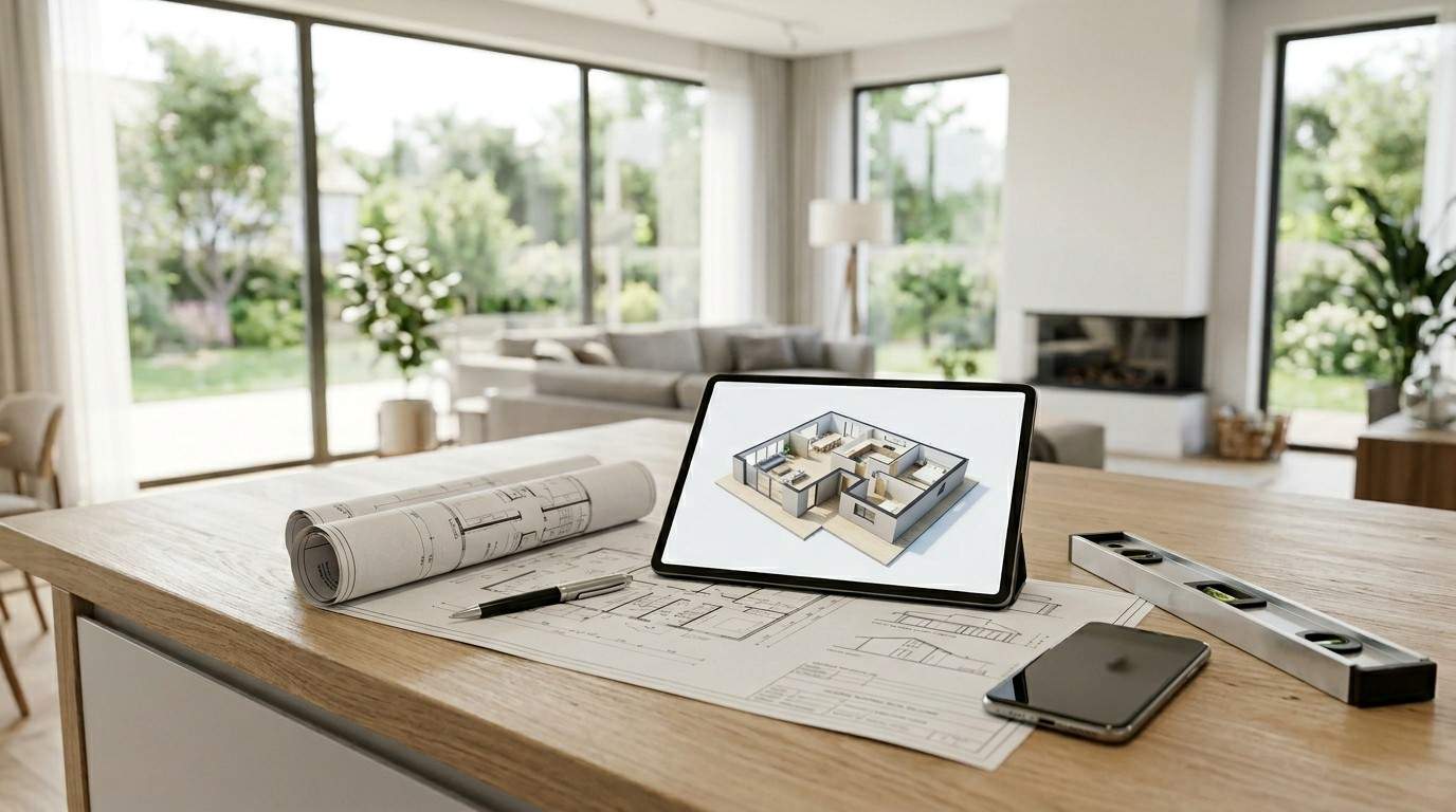 Tablet displaying a 3D house model on architectural plans in a modern living room.