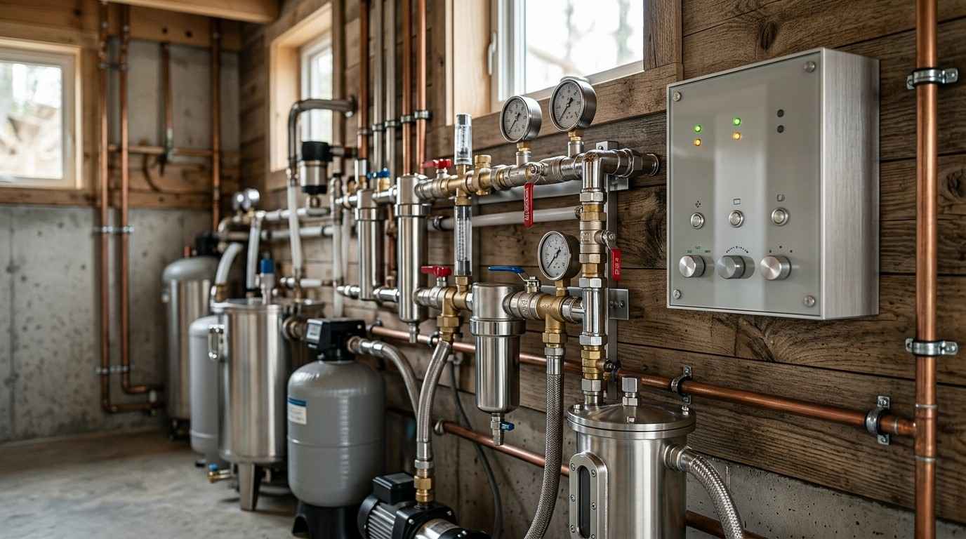 Residential water filtration and plumbing system.