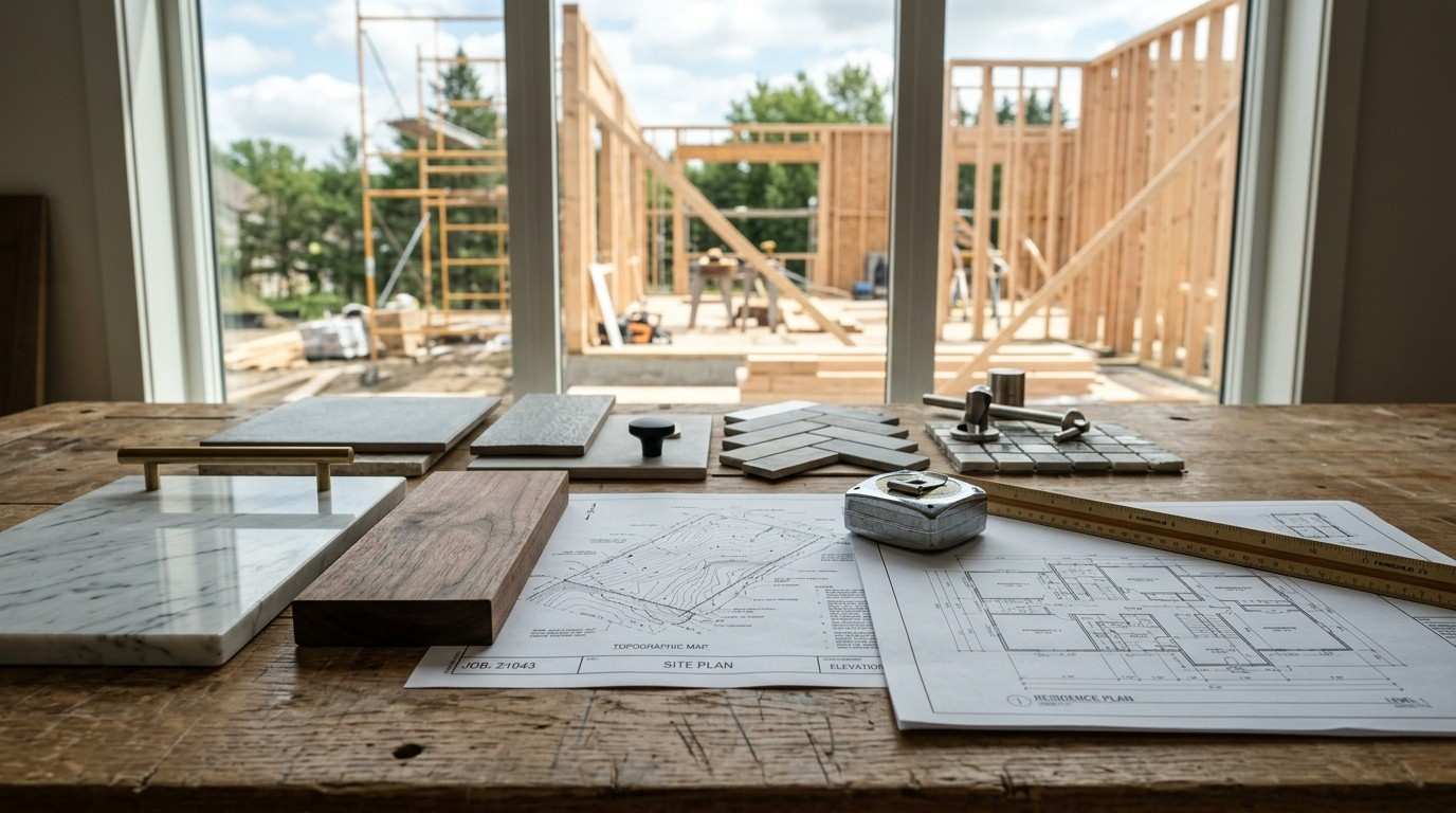 Wooden desk with architectural site plan and home building floor plan, displaying material samples, measuring tape, and construction tools, with a partially framed house under construction visible through a large window
