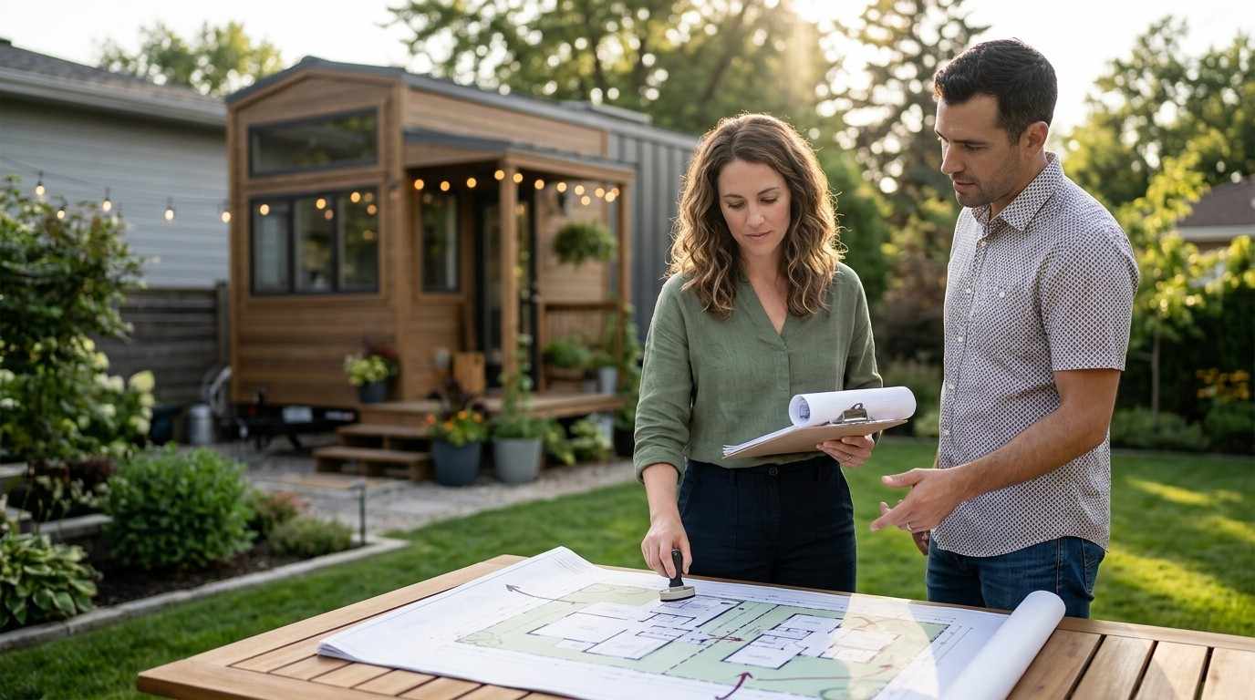 Couple reviewing site plans and permits for a backyard tiny home project.