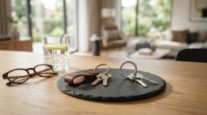 Two sets of house keys on a tabletop beside eyeglasses and a glass of water, symbolizing a comparison between homeownership options or housing choices.