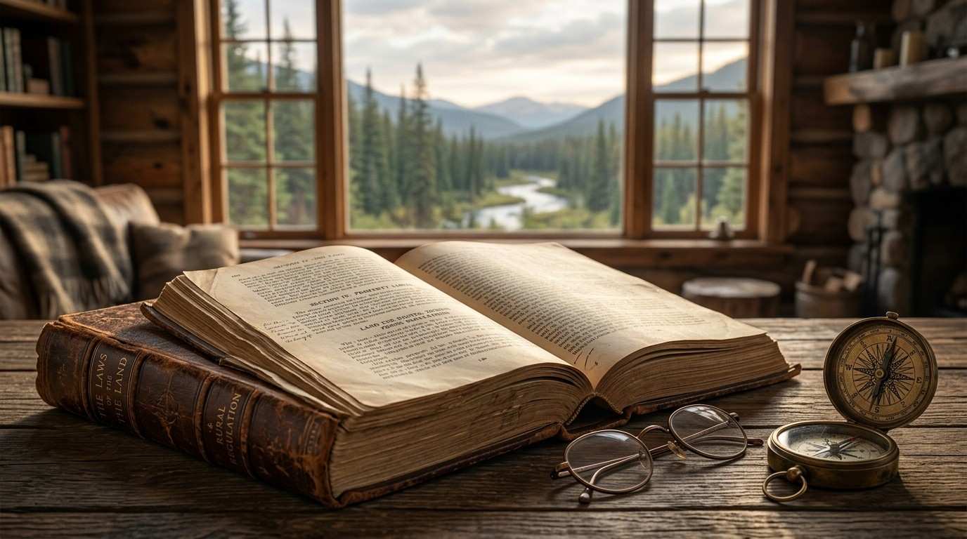 Open law book with glasses and compass in a mountain cabin.