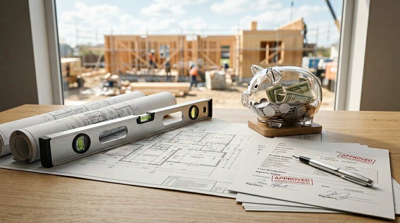 Construction loan approval documents, architectural floor plans, and a savings piggy bank displayed beside a home building project, illustrating construction financing and budgeting.
