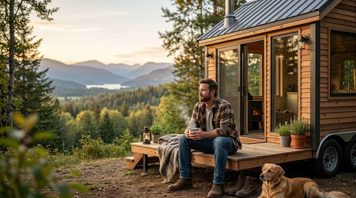 Person relaxing outside a tiny home with a dog, overlooking a mountain and forest landscape.