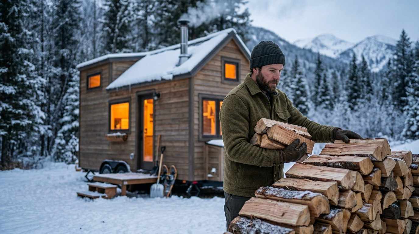 Person stacking firewood beside a tiny home in a snowy mountain landscape.