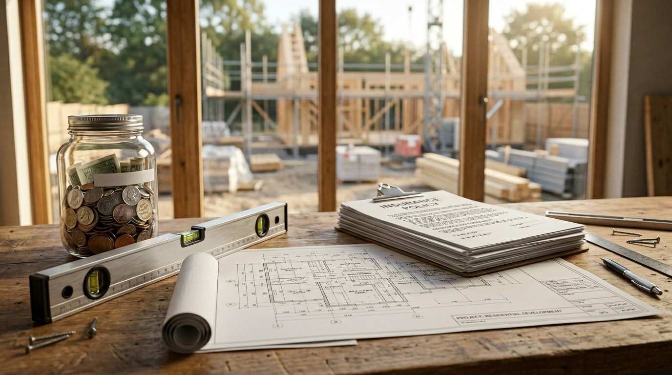 Tablet displaying a 3D house model on architectural plans in a modern living room.