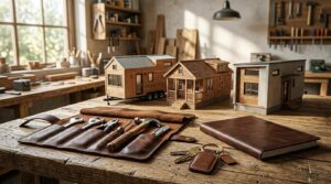 Tiny home, park model, and modular house scale models displayed with tools, keys, and planning materials in a workshop.