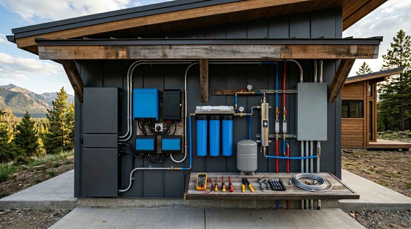 Off-grid utility wall with filtration and electrical systems.