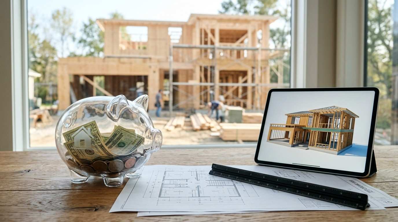 Budgeting for new home construction with a savings piggy bank, digital house model, and architectural floor plans displayed in front of an active residential building site.