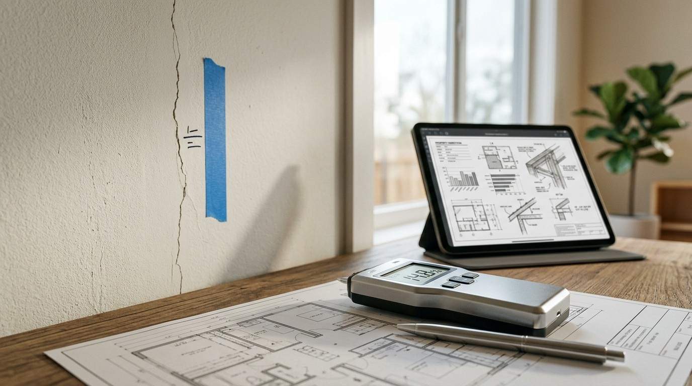 Wall crack inspection with moisture meter, plans, and engineering drawings on a desk.