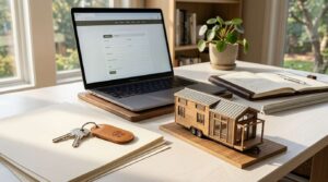 Miniature park model home on a desk beside keys, documents, and a laptop displaying an online quote form, representing the process of requesting a park model home estimate.