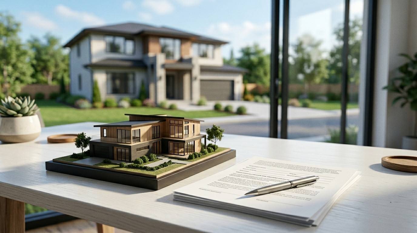 House model and property documents on a desk.