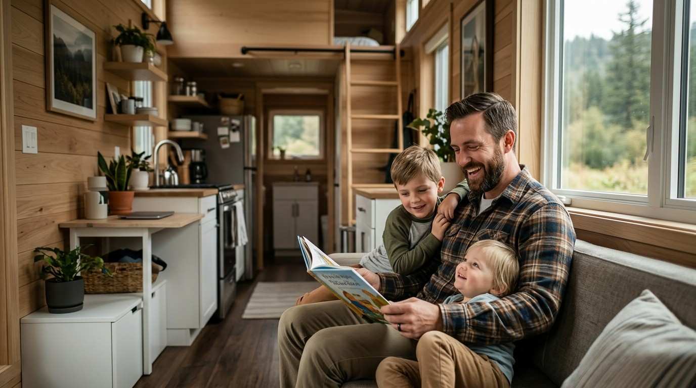 Parent reading with two children inside a cozy tiny home living space.