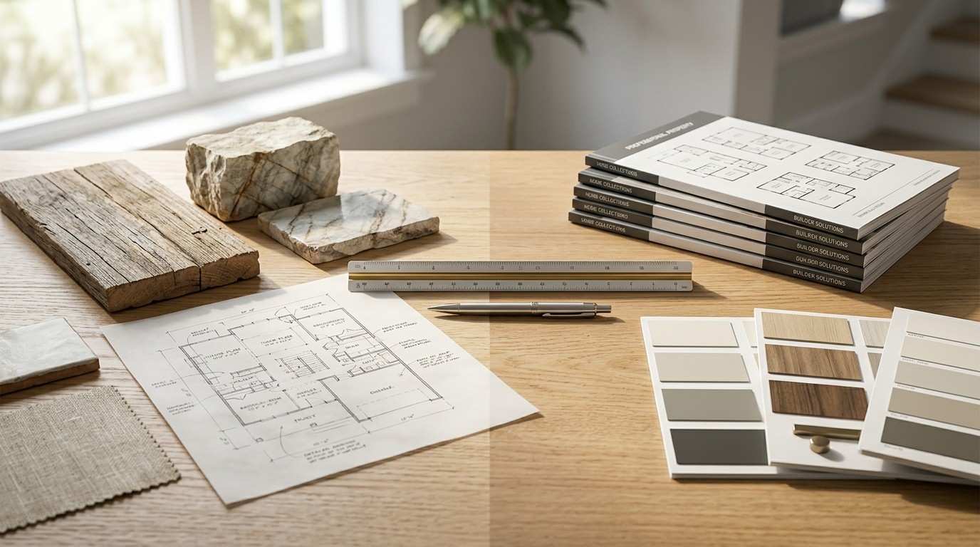 A wooden desk displaying architectural floor plans, color swatches, wood and stone material samples, and stacked home design booklets, showcasing planning for a custom or production home build under natural daylight by a window