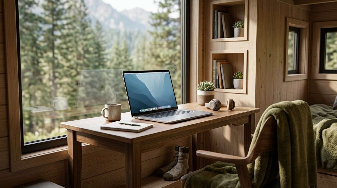 Remote workspace inside a tiny home with a laptop, desk, and forest view through large windows.