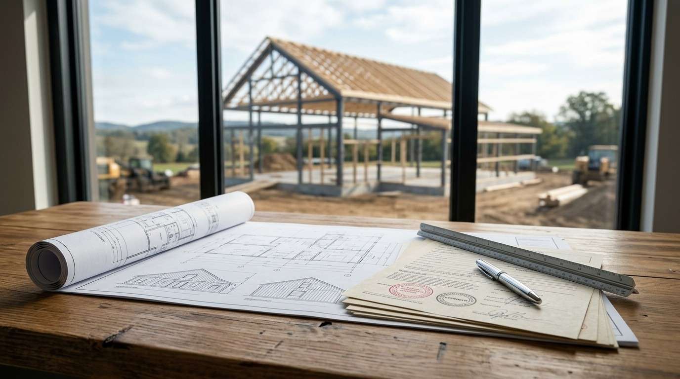 Barndominium permit documents and blueprints on a table overlooking a construction site.