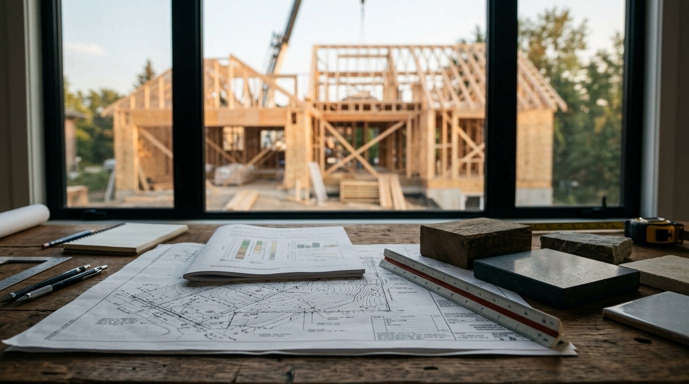 Land survey map, soil analysis report, and construction material samples displayed on a worktable with a new home framing project under construction in the background.