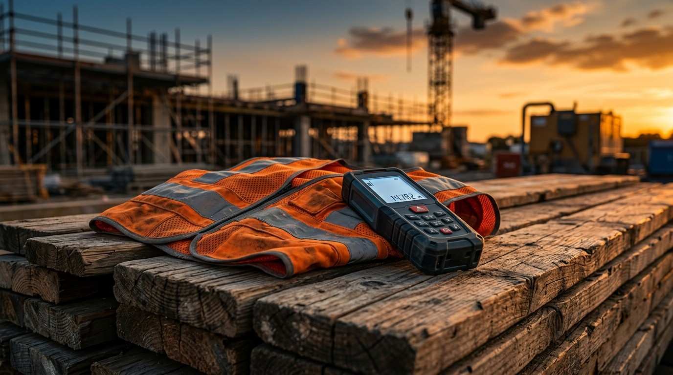 Safety vest and measuring device on a construction site.