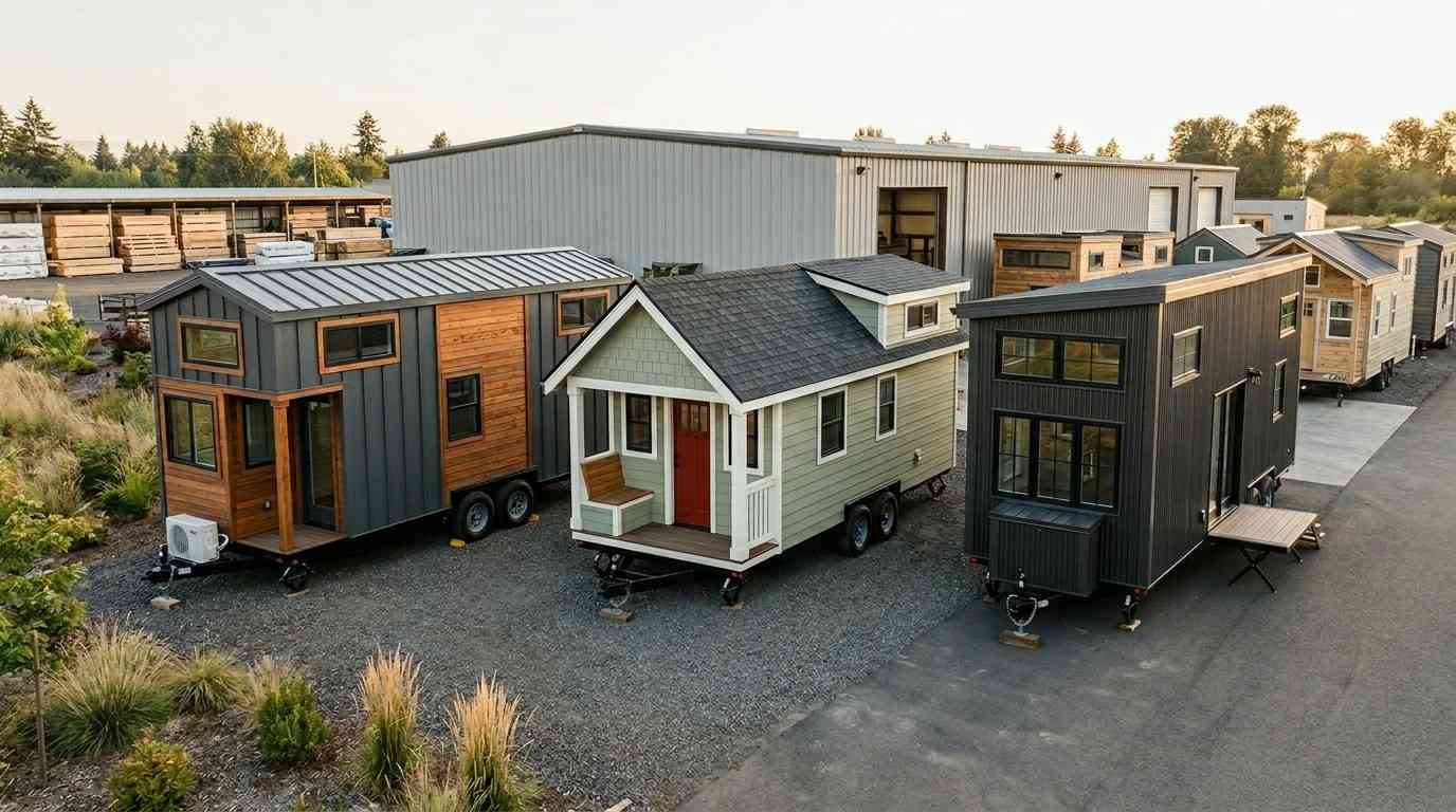 Collection of tiny houses on wheels displayed at a builder’s manufacturing and sales lot.