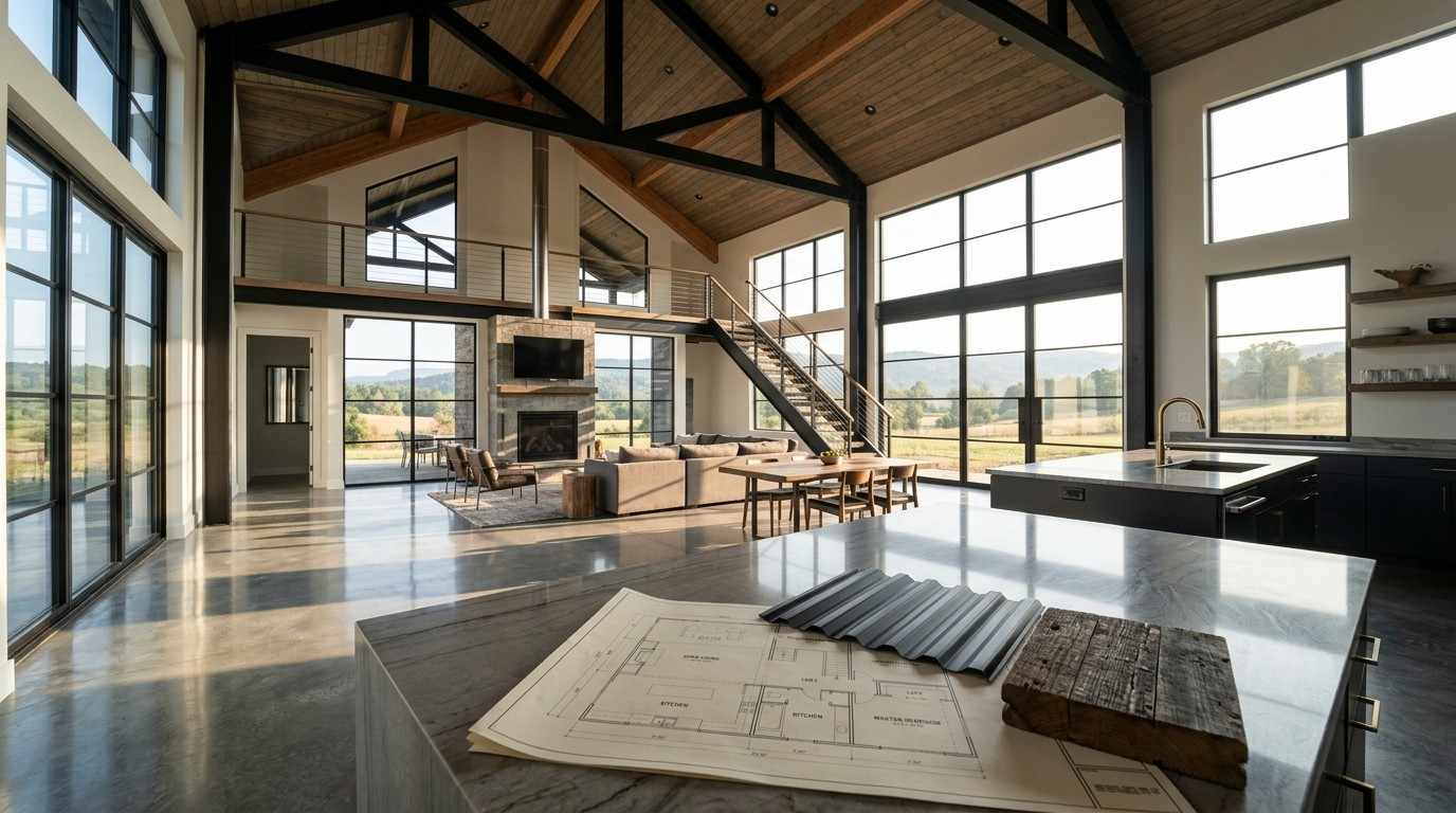 Modern barndominium interior with open floor plan, exposed beams, and design materials.