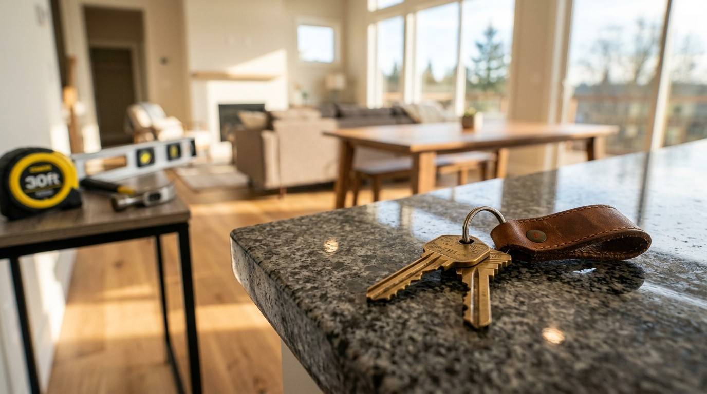 House keys on a countertop in a newly finished home.