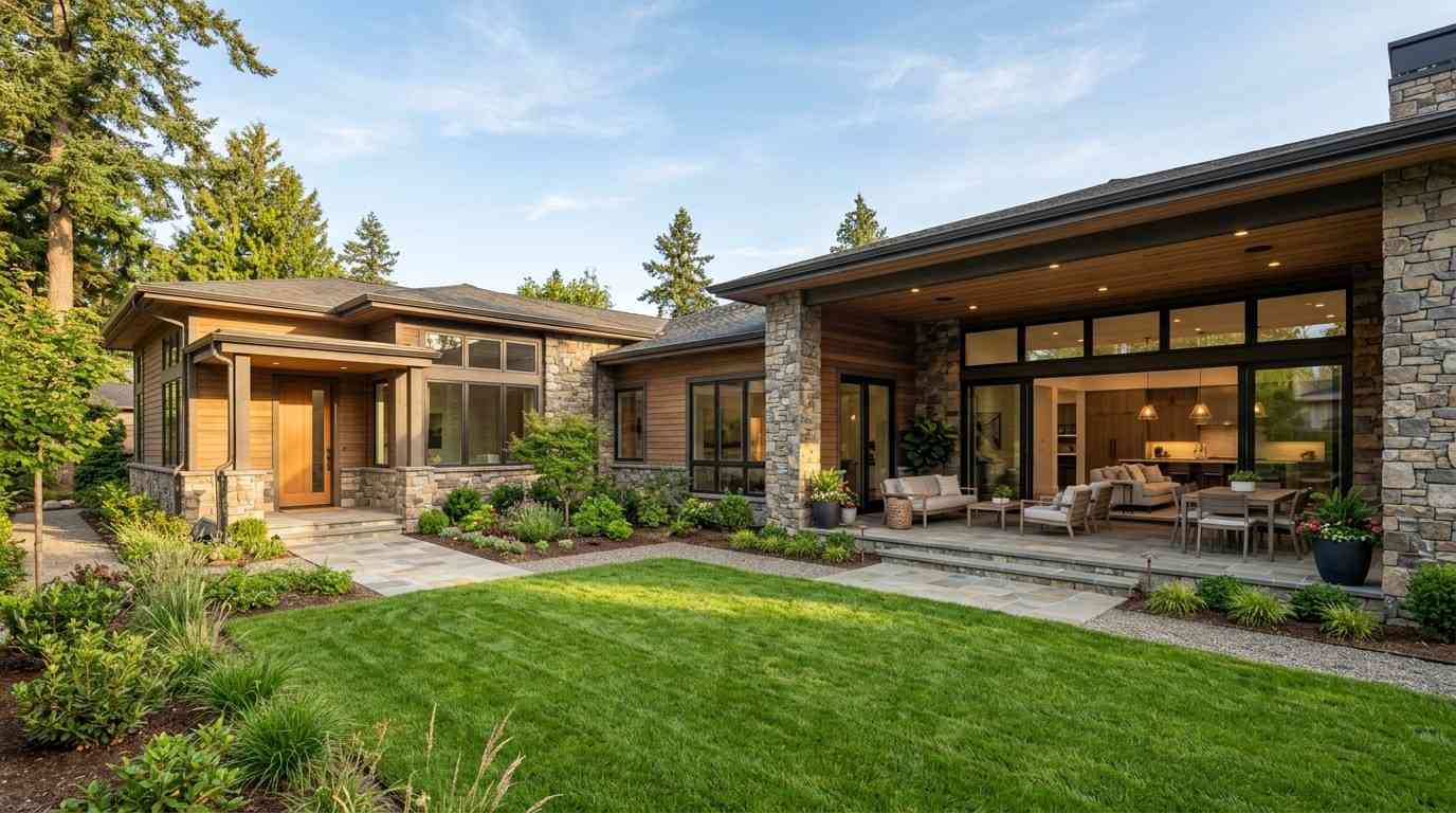 Modern single-story home with stone and wood exterior, covered patio, landscaped backyard, and large glass doors opening to the living area.
