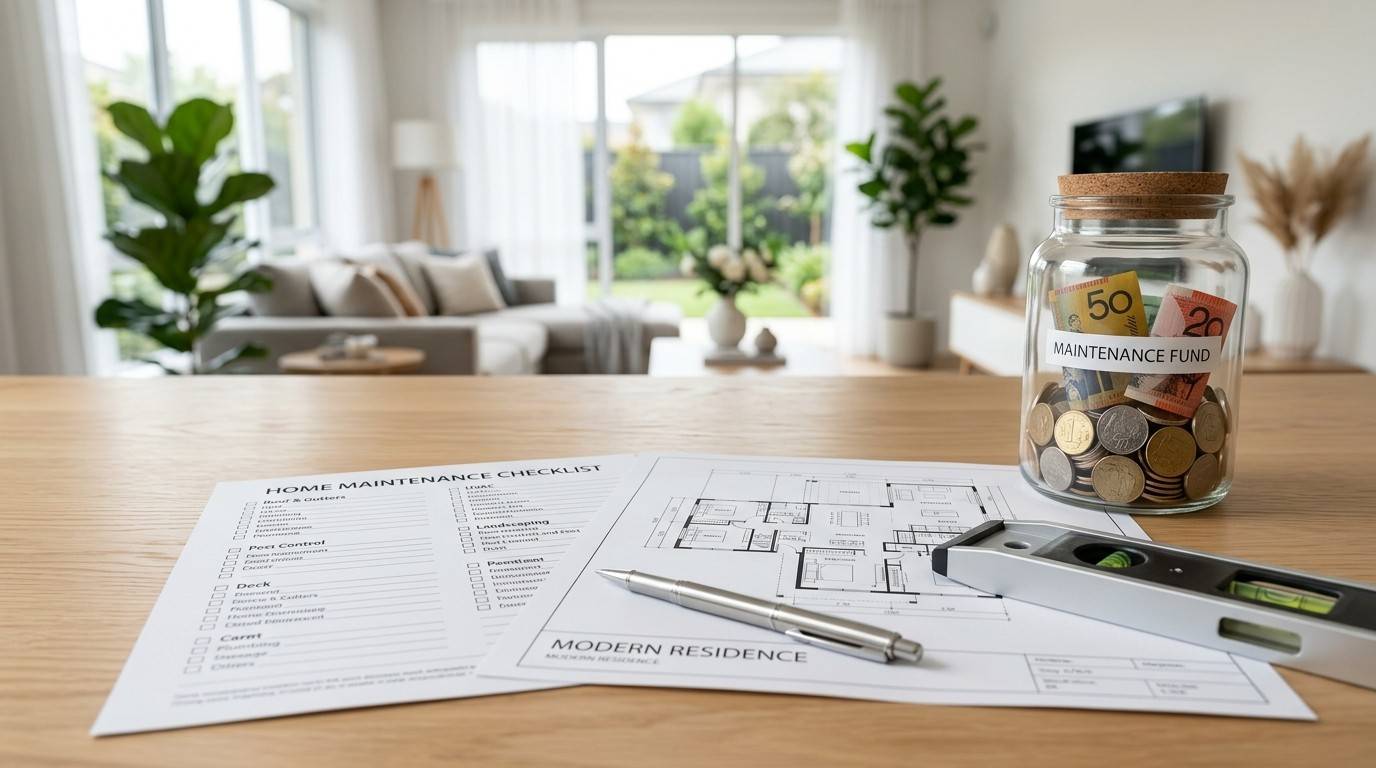 Home maintenance checklist and modern residence blueprint on a wooden table, next to a glass jar labeled 'Maintenance Fund' filled with coins and notes, with a spirit level and pen nearby, and a bright living room with plants and large windows in the background