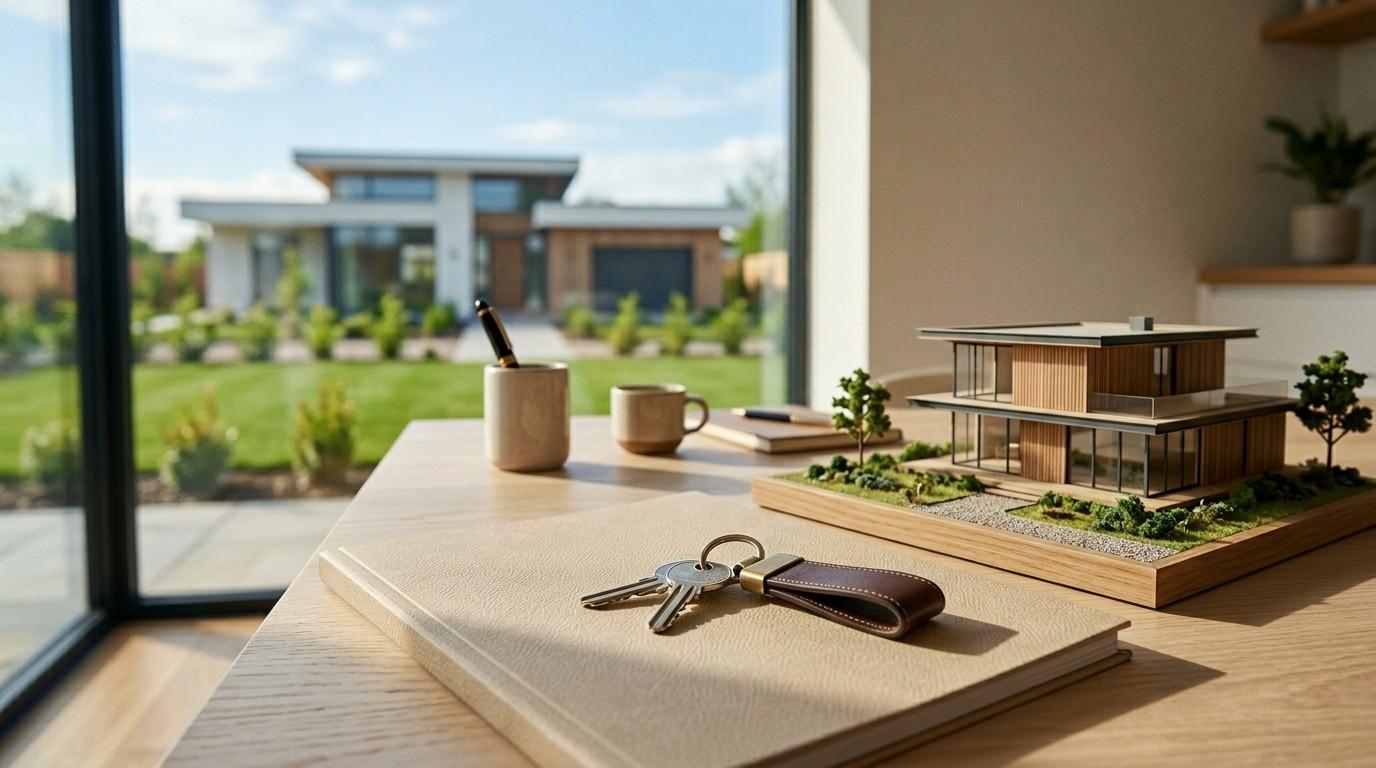 House keys and a modern home model on a desk.