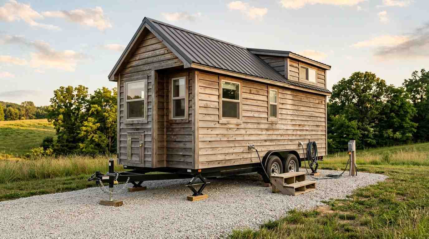 Rustic tiny house on wheels parked on a gravel pad in a rural countryside setting.