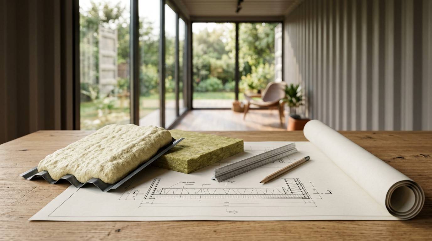 Shipping container insulation materials and construction plans on a worktable.