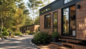 Modern park model home exterior with wood siding, large windows, landscaped pathway, and surrounding greenery.